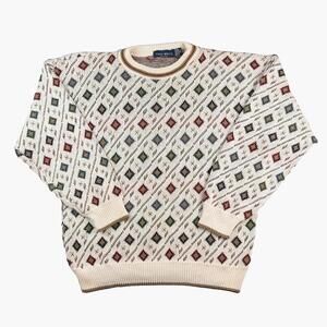 Vintage 1990's John Weitz Geometric Knit Sweater Mens XL Made In USA Cotton